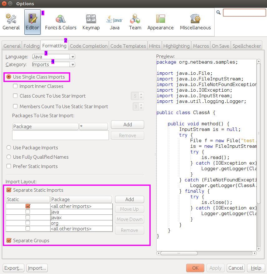 Organize Imports settings in NetBeans