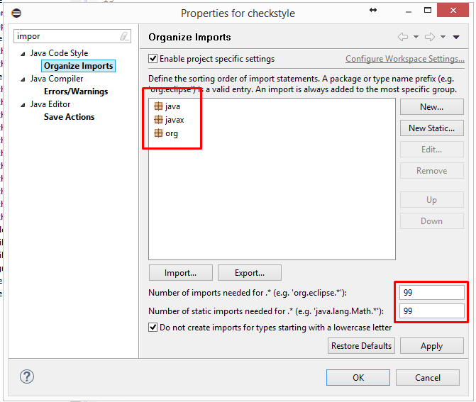 Organize Imports settings in Eclipse